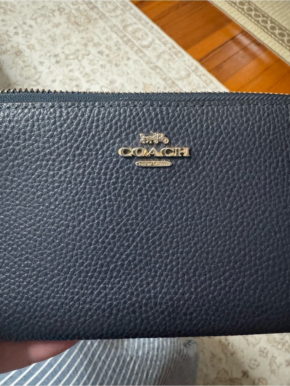Coach Navy Blue Leather Zip-Around Wallet with Gold Logo - Picture 2 of 5